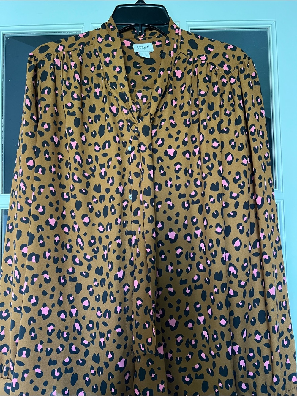 J. Crew Factory Women’s Brown Leopard Print Blouse with Pink Spots sz XL